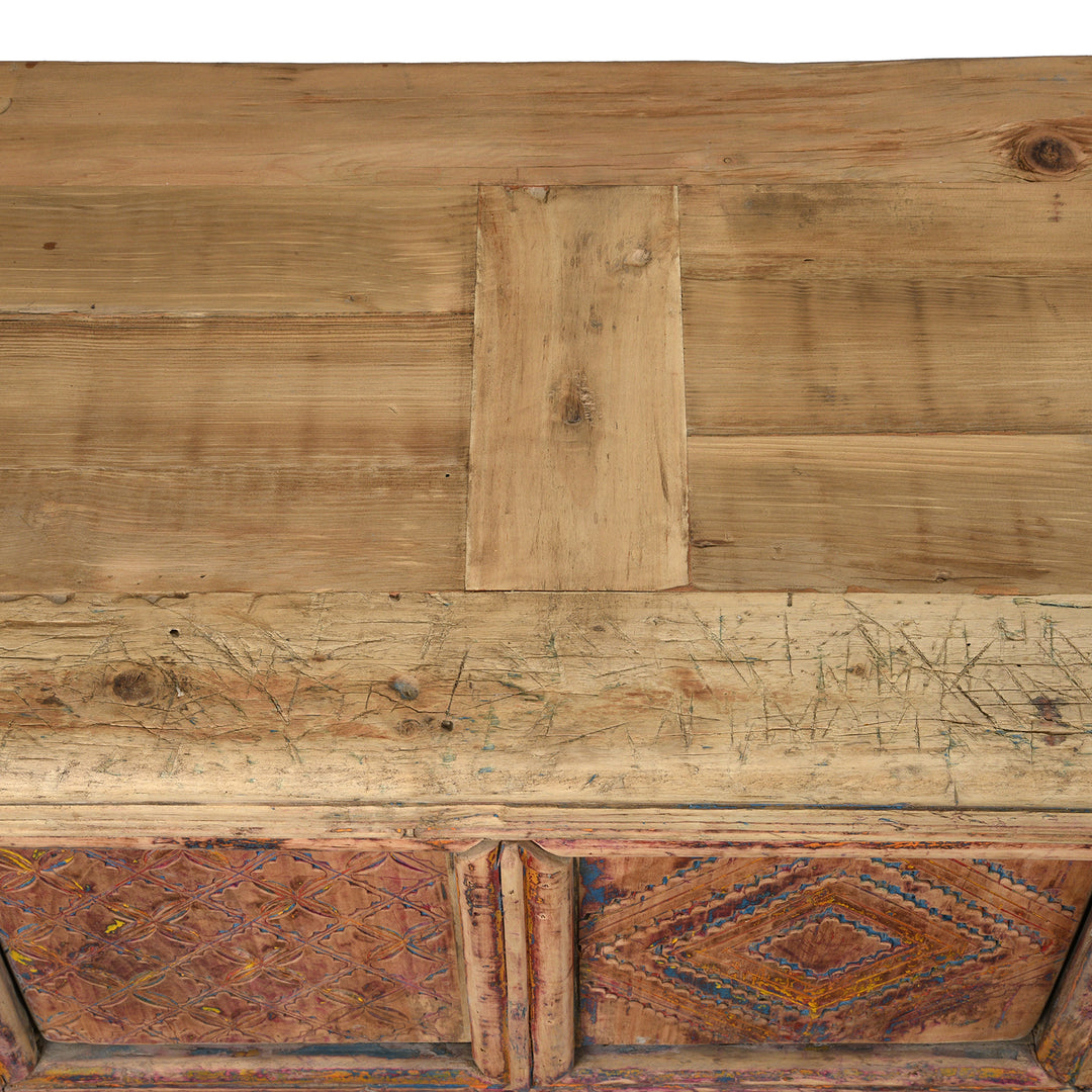 Surface Top Detail Form Antique Carved Painted Low Sideboard from Xinjiang - 19th Century | Indigo Antiques
