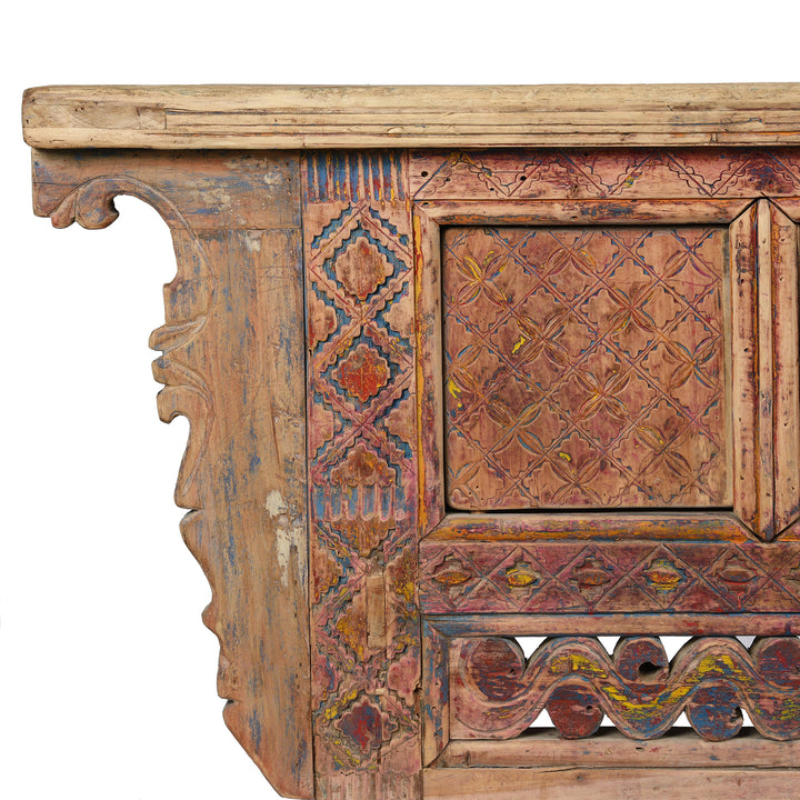 Corner Detail From Antique Carved Painted Low Sideboard from Xinjiang - 19th Century | Indigo Antiques