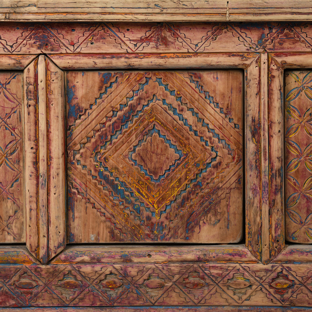 Paintwork Detail From Antique Carved Painted Low Sideboard from Xinjiang - 19th Century | Indigo Antiques