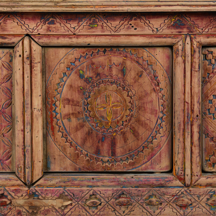 Carving Paintwork Detail From Antique Carved Painted Low Sideboard from Xinjiang - 19th Century | Indigo Antiques