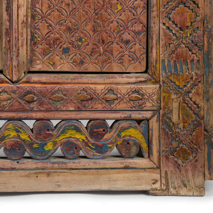 Paintwork Detail From Antique Carved Painted Low Sideboard from Xinjiang - 19th Century | Indigo Antiques