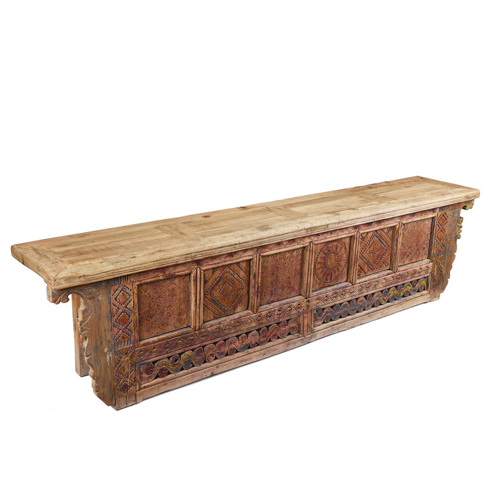 Angled View Of Antique Carved Painted Low Sideboard from Xinjiang - 19th Century | Indigo Antiques