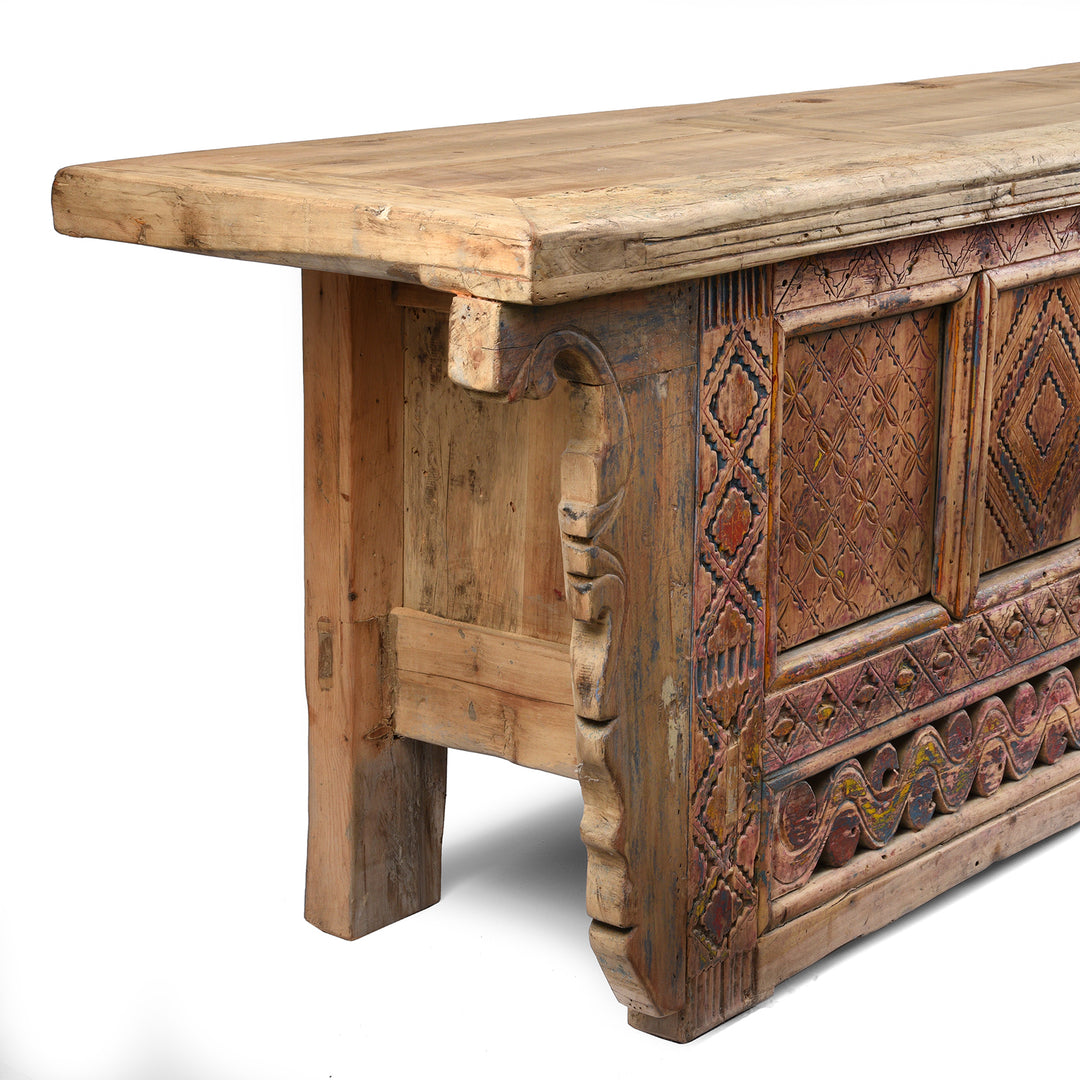End Detail From Antique Carved Painted Low Sideboard from Xinjiang - 19th Century | Indigo Antiques
