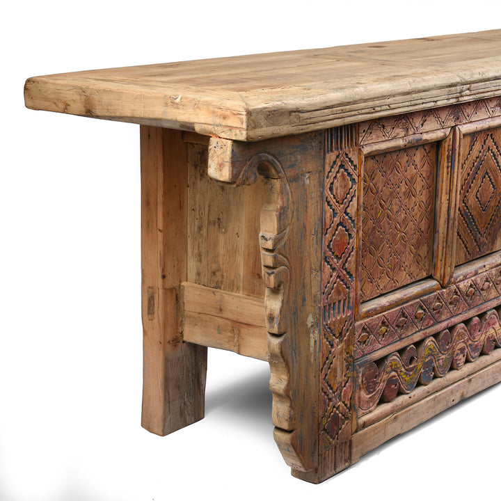 End Detail From Antique Carved Painted Low Sideboard from Xinjiang - 19th Century | Indigo Antiques