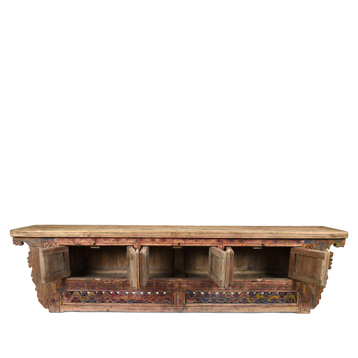Open Doors View Of Antique Carved Painted Low Sideboard from Xinjiang - 19th Century | Indigo Antiques