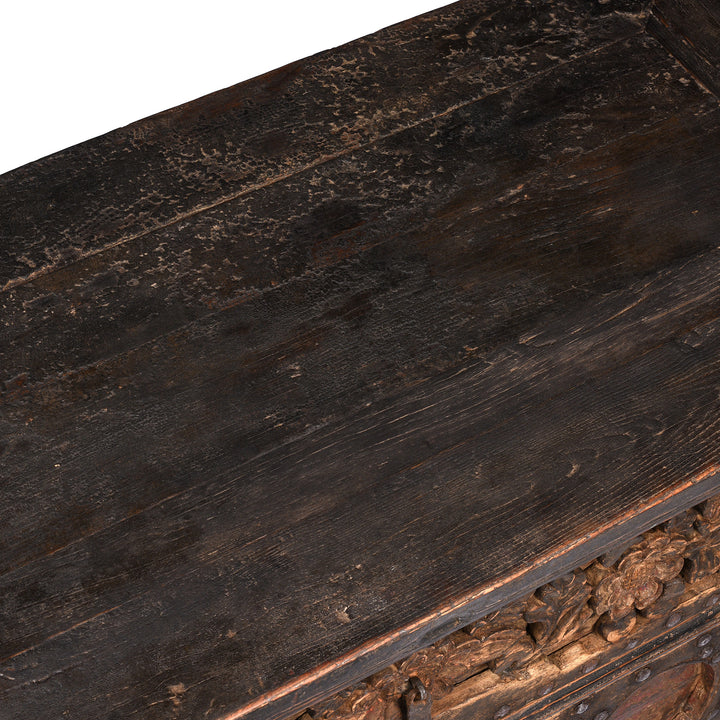 Surface Top Detail From 2 Drawer Elm Wine Table From Shanxi Province - Early 19thC | Indigo Antiques
