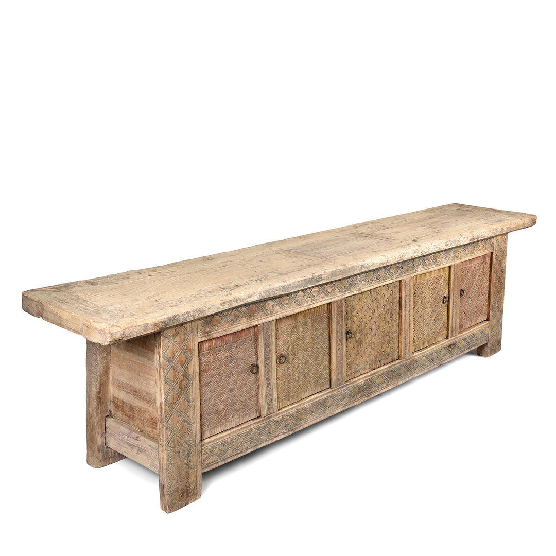 Angled View Of Carved Low Sideboard From Xinjiang - 19thC | Indigo Antiques