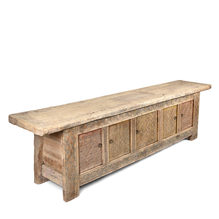 Angled View Of Carved Low Sideboard From Xinjiang - 19thC | Indigo Antiques