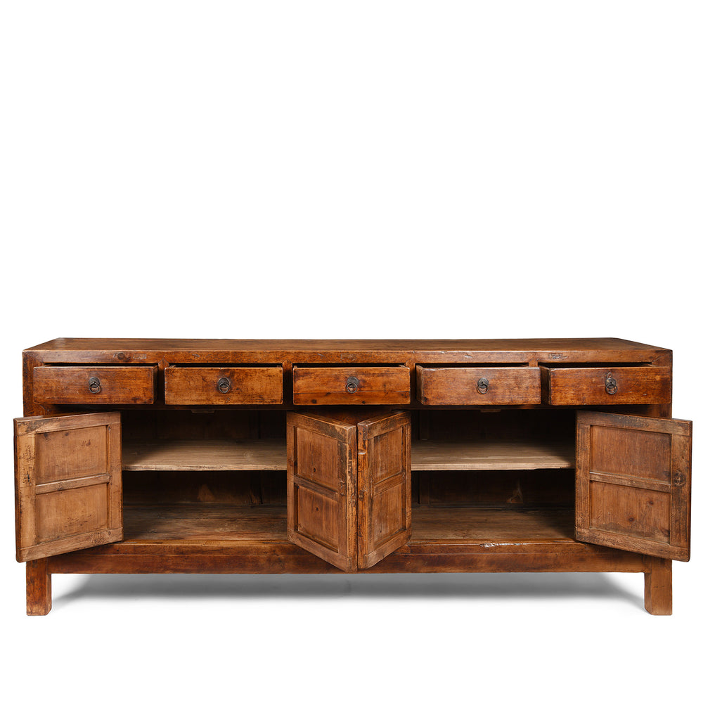 Open Doors View of 5 Drawer Cypress Wood Sideboard From Shanxi - 19thC | Indigo Antiques