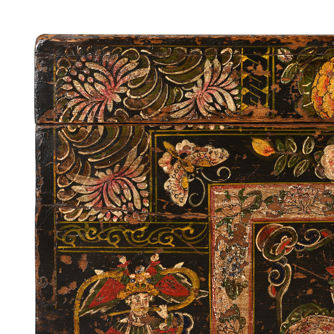 Corner Detail From Antique Painted Opera Chest From Shanxi - 19th Century | INDIGO ANTIQUES