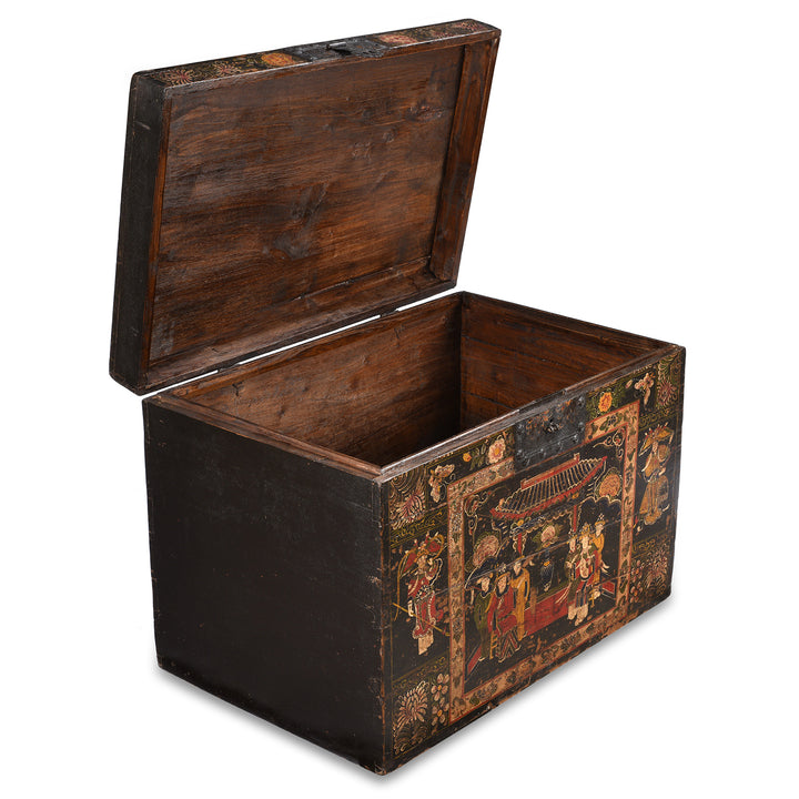 Open Lid View Of Antique Painted Opera Chest From Shanxi - 19th Century | INDIGO ANTIQUES