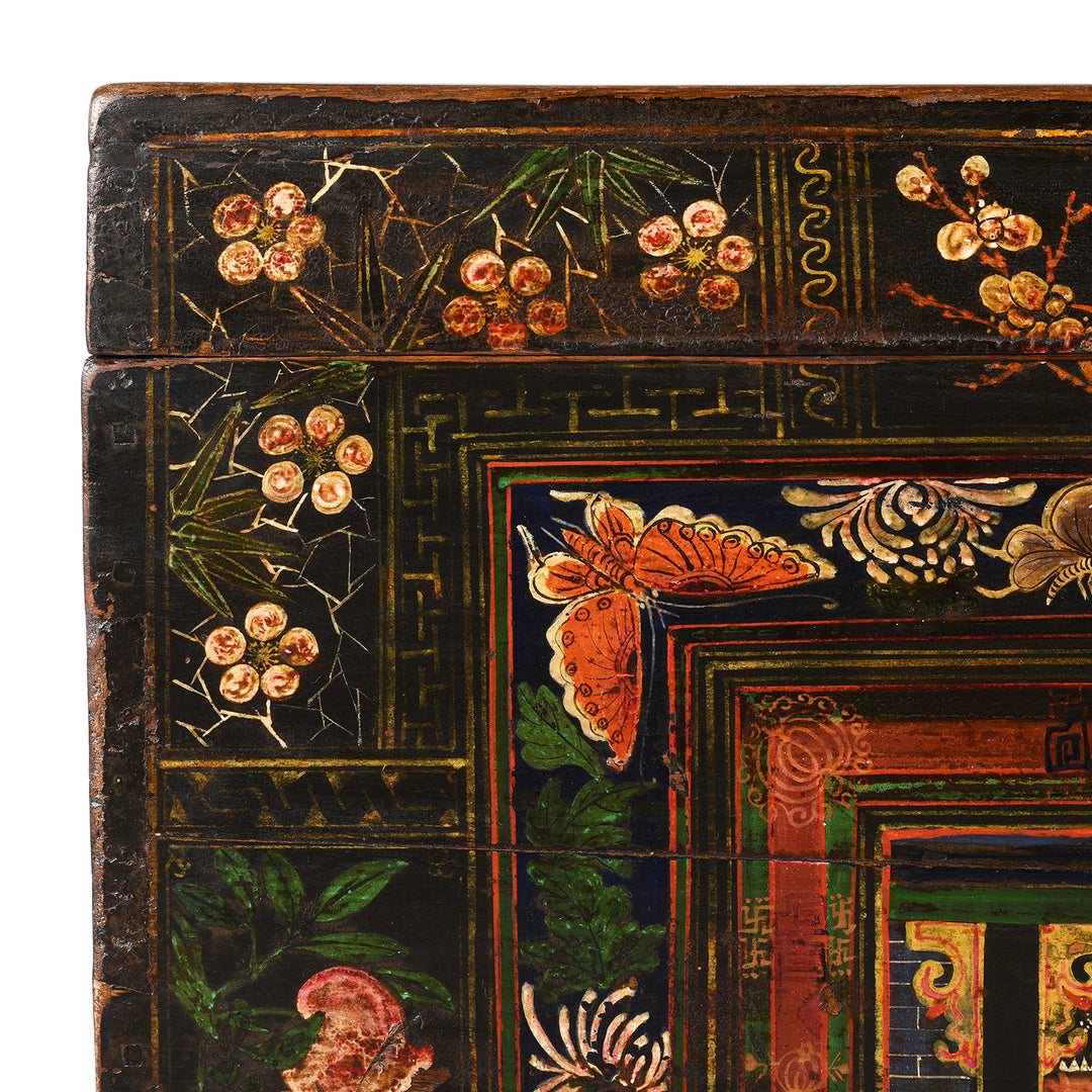 Corner Detail From Antique Painted Opera Chest From Shanxi - 19th Century | INDIGO ANTIQUES