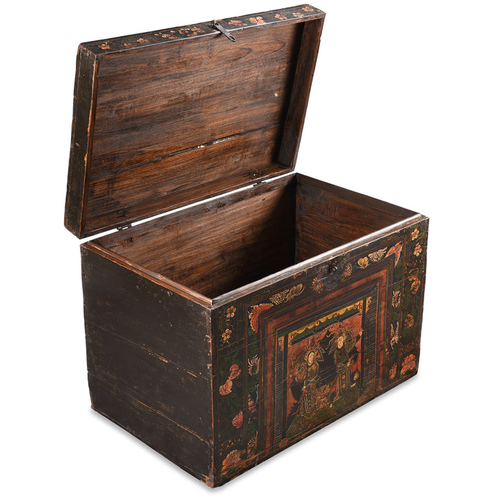 Open Lid View Of Antique Painted Opera Chest From Shanxi - 19th Century | INDIGO ANTIQUES