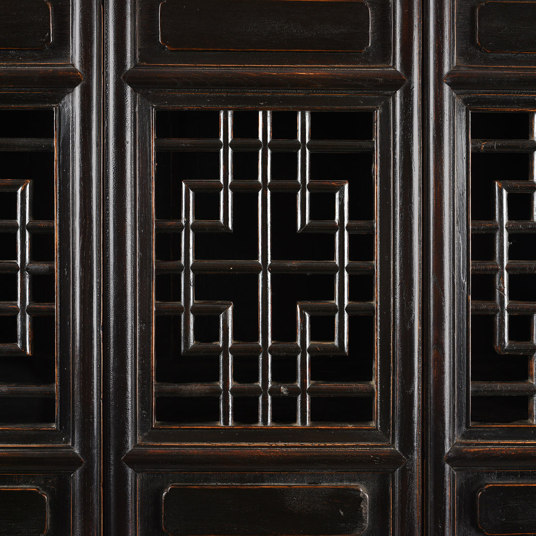 Latticework Detail From Antique Black Lacquer Noodle Cabinet From Tianjin - 19th Century | Indigo Antiques
