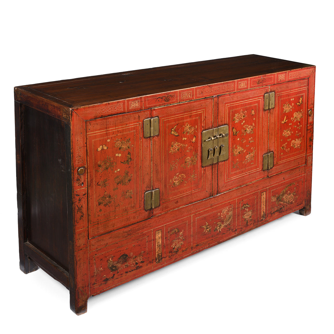 Angled View Of Red Lacquer Chinese Sideboard From Dongbei - Ca 1920 | INDIGO ANTIQUES