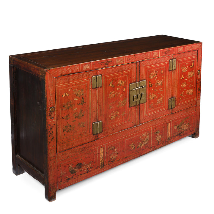 Angled View Of Red Lacquer Chinese Sideboard From Dongbei - Ca 1920 | INDIGO ANTIQUES