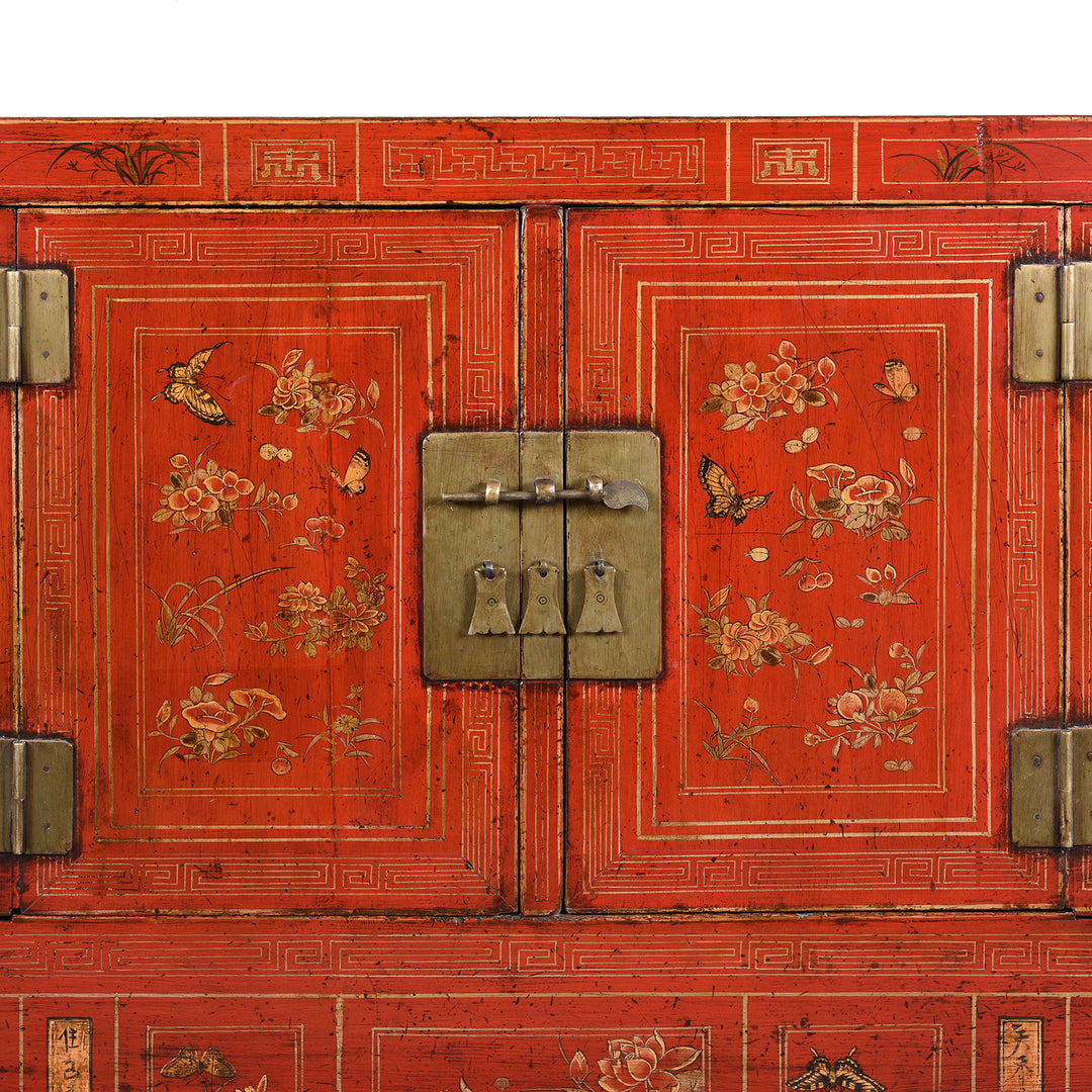 Detail From Red Lacquer Chinese Sideboard From Dongbei - Ca 1920 | INDIGO ANTIQUES