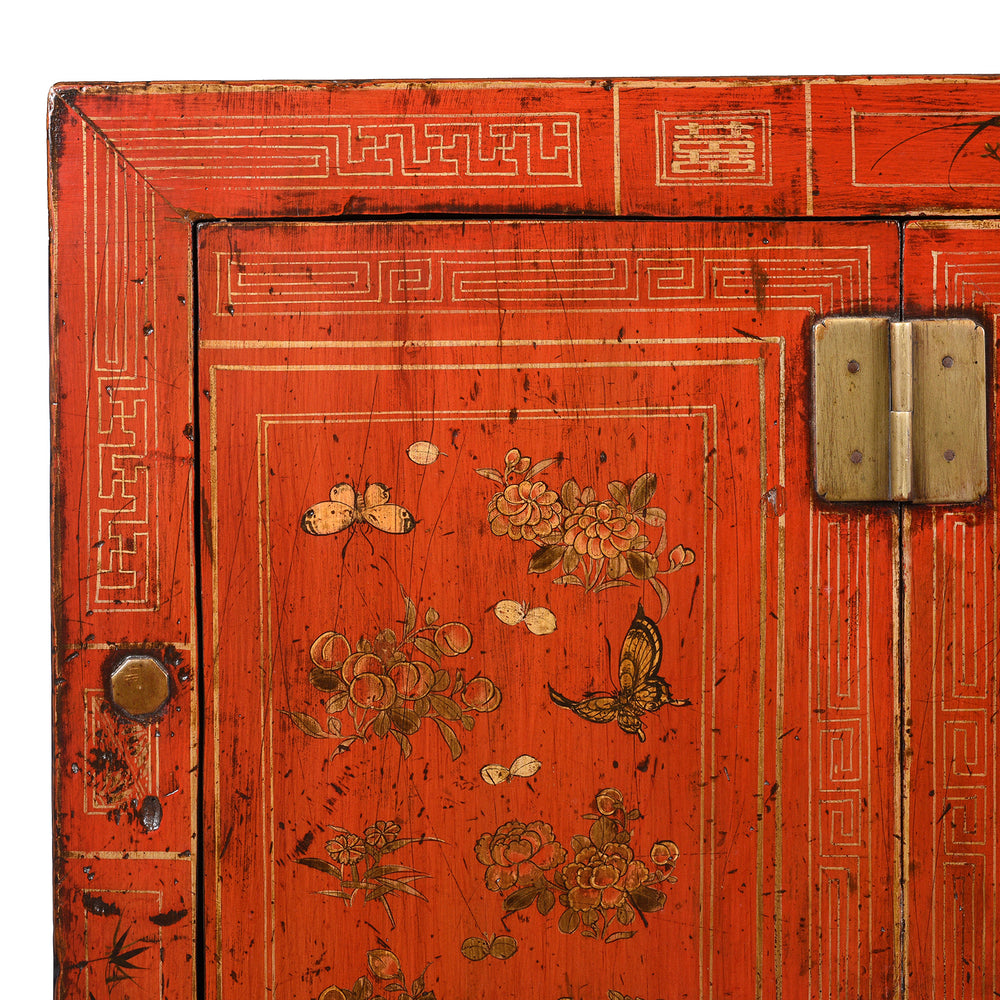 Corner Detail From Red Lacquer Chinese Sideboard From Dongbei - Ca 1920 | INDIGO ANTIQUES