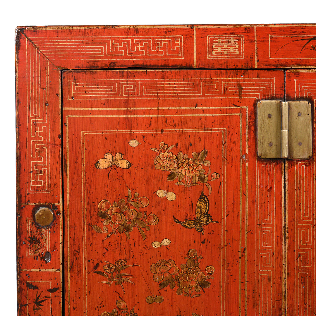 Corner Detail From Red Lacquer Chinese Sideboard From Dongbei - Ca 1920 | INDIGO ANTIQUES