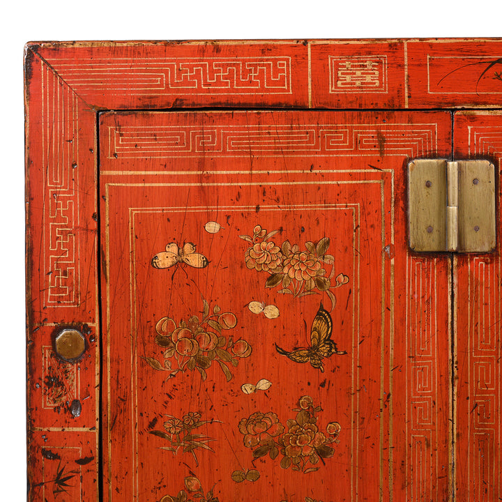 Corner Detail From Red Lacquer Chinese Sideboard From Dongbei - Ca 1920 | INDIGO ANTIQUES