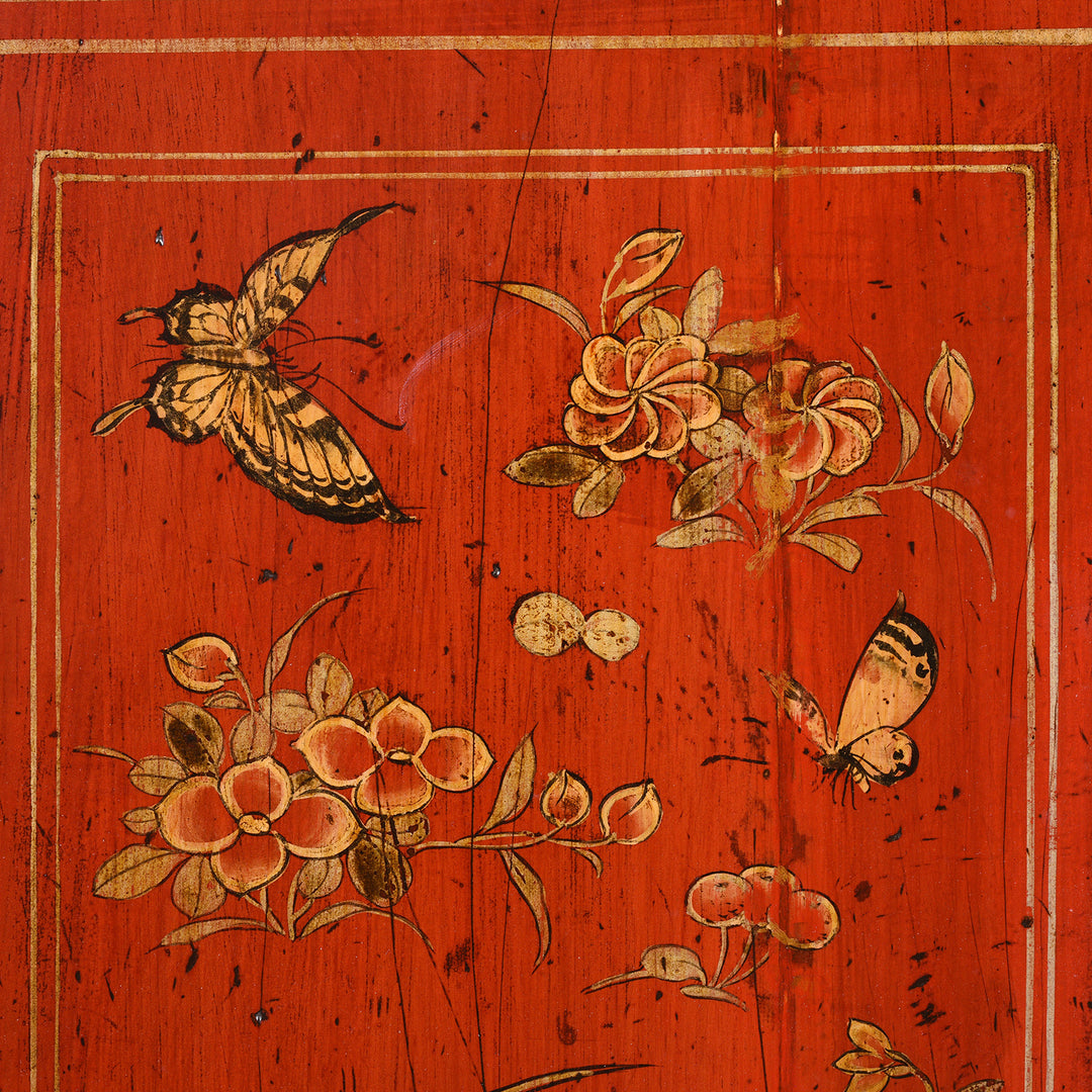 Paintwork Detail From Red Lacquer Chinese Sideboard From Dongbei - Ca 1920 | INDIGO ANTIQUES