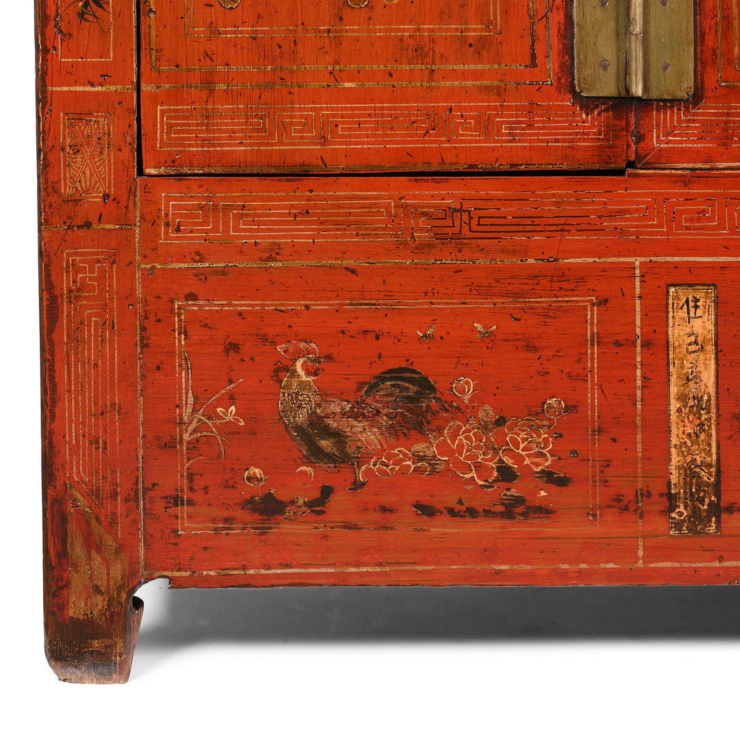 Leg Detail From Red Lacquer Chinese Sideboard From Dongbei - Ca 1920 | INDIGO ANTIQUES
