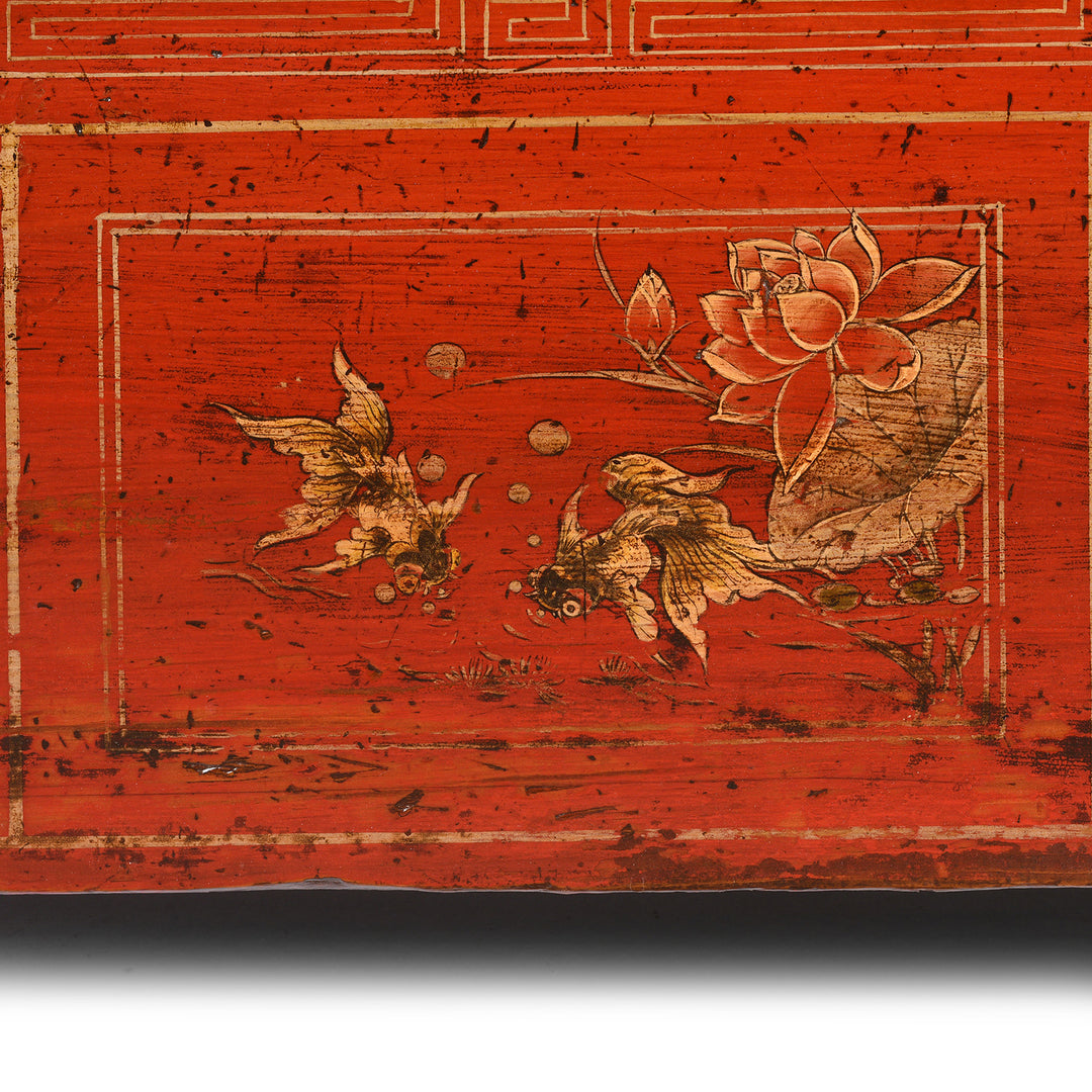 Fish Painting Detail From Red Lacquer Chinese Sideboard From Dongbei - Ca 1920 | INDIGO ANTIQUES