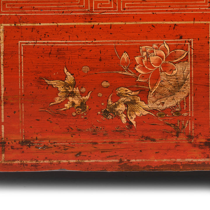 Fish Painting Detail From Red Lacquer Chinese Sideboard From Dongbei - Ca 1920 | INDIGO ANTIQUES