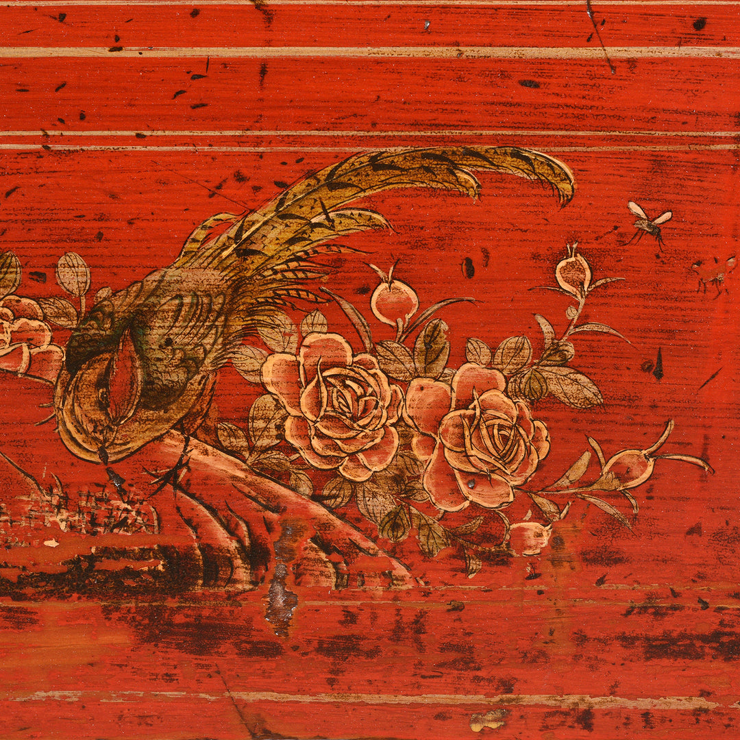 Bird Painting Detail From Red Lacquer Chinese Sideboard From Dongbei - Ca 1920 | INDIGO ANTIQUES