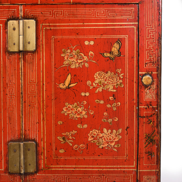Painting Detail From Red Lacquer Chinese Sideboard From Dongbei - Ca 1920 | INDIGO ANTIQUES