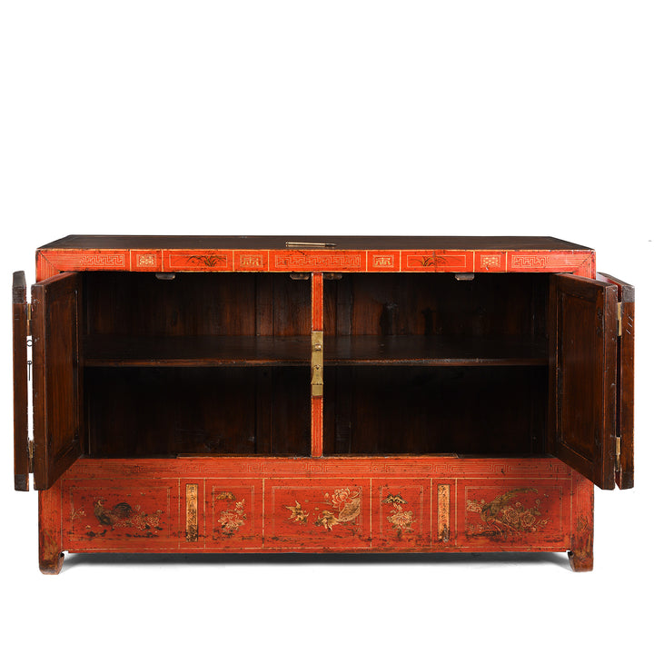 Open Doors View Of Red Lacquer Chinese Sideboard From Dongbei - Ca 1920 | INDIGO ANTIQUES