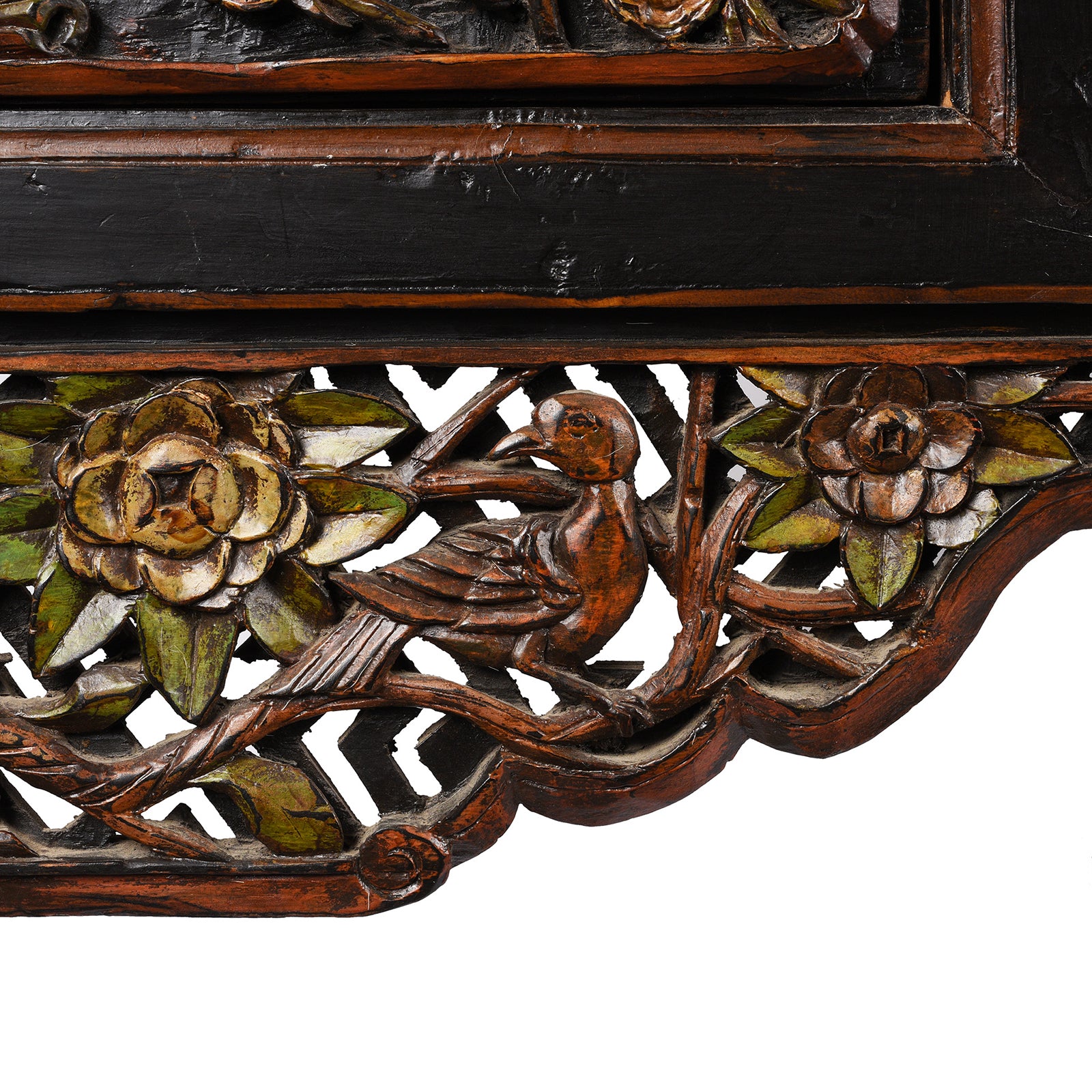 Underside Panel Carving Detail From Antique Carved Black Lacquer Elm Altar Table From Gansu -19th Century | Indigo Antiques