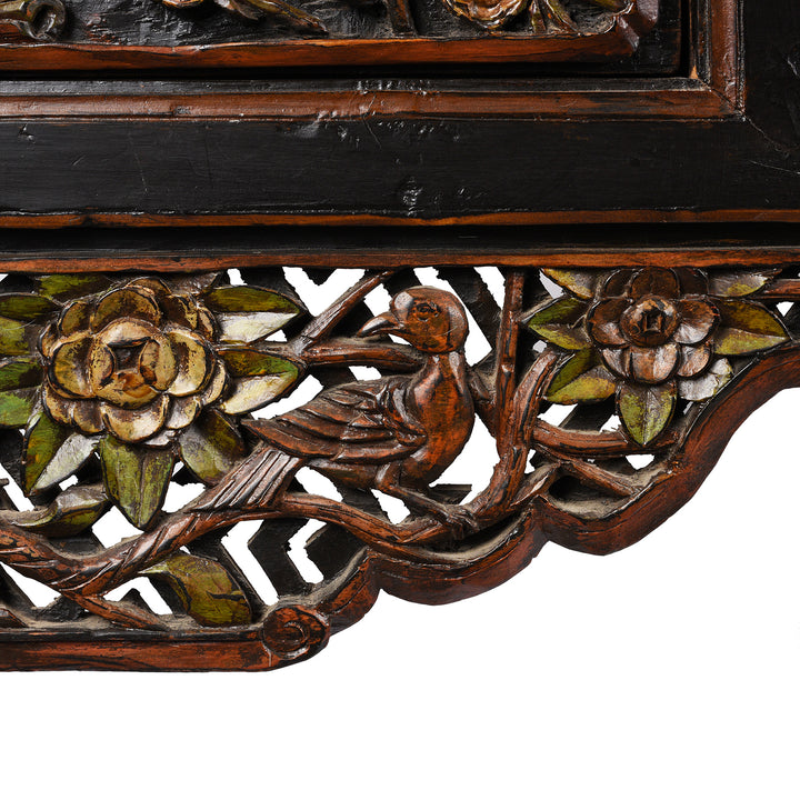 Underside Panel Carving Detail From Antique Carved Black Lacquer Elm Altar Table From Gansu -19th Century | Indigo Antiques