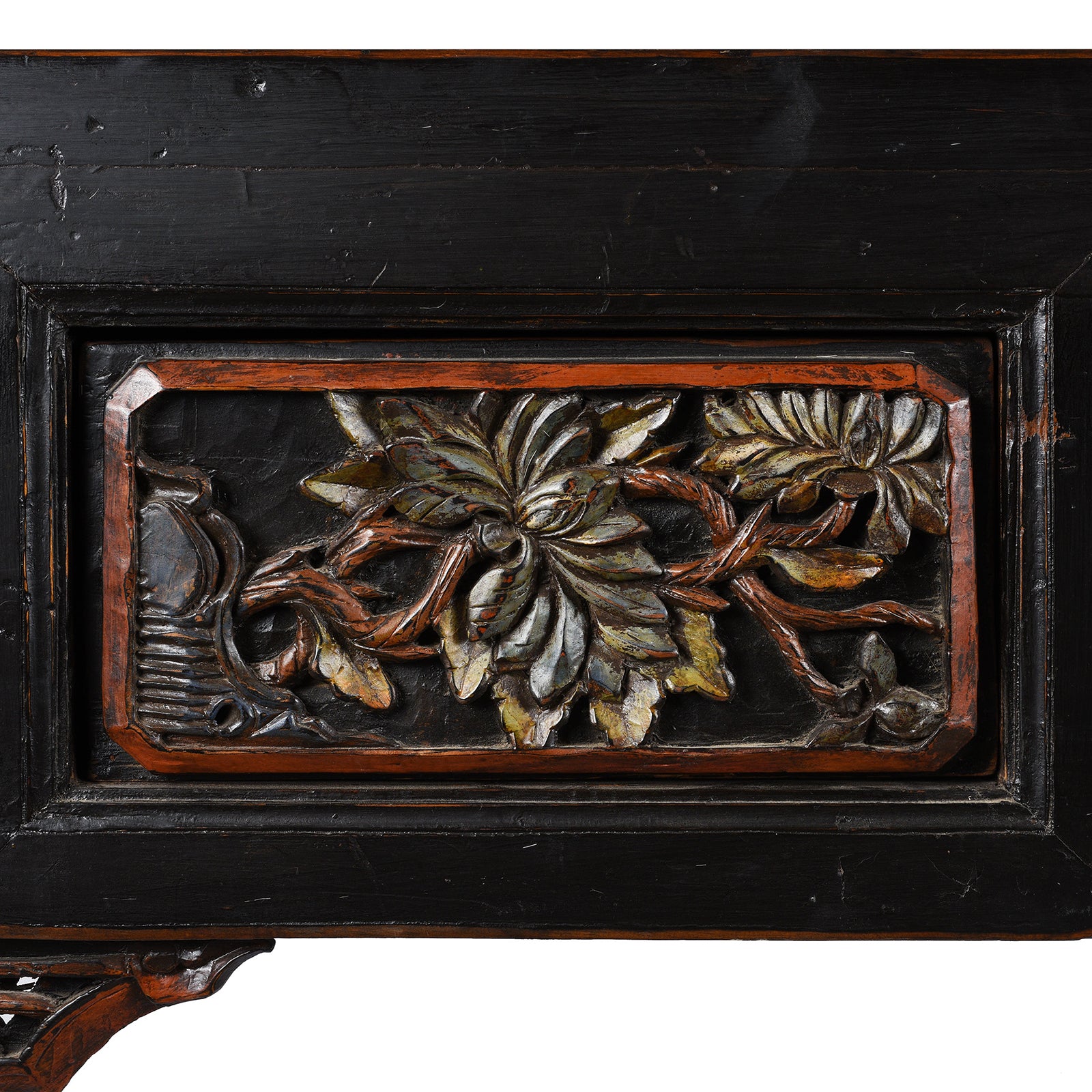 Drawer Carving Detail From Antique Carved Black Lacquer Elm Altar Table From Gansu -19th Century | Indigo Antiques