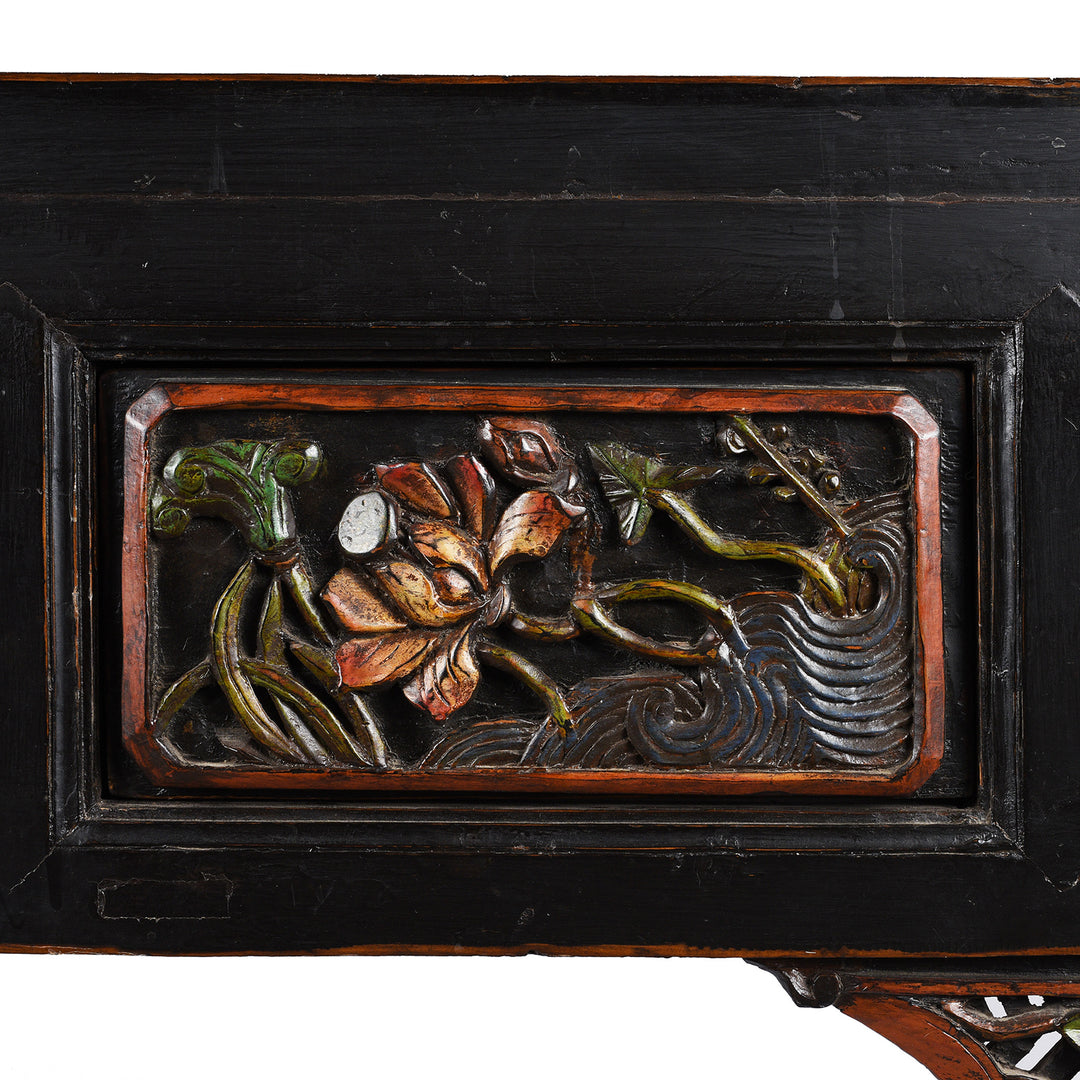 Drawer Carving Detail From Antique Carved Black Lacquer Elm Altar Table From Gansu -19th Century | Indigo Antiques