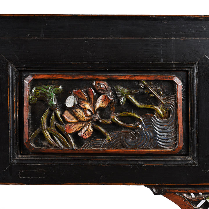 Drawer Carving Detail From Antique Carved Black Lacquer Elm Altar Table From Gansu -19th Century | Indigo Antiques