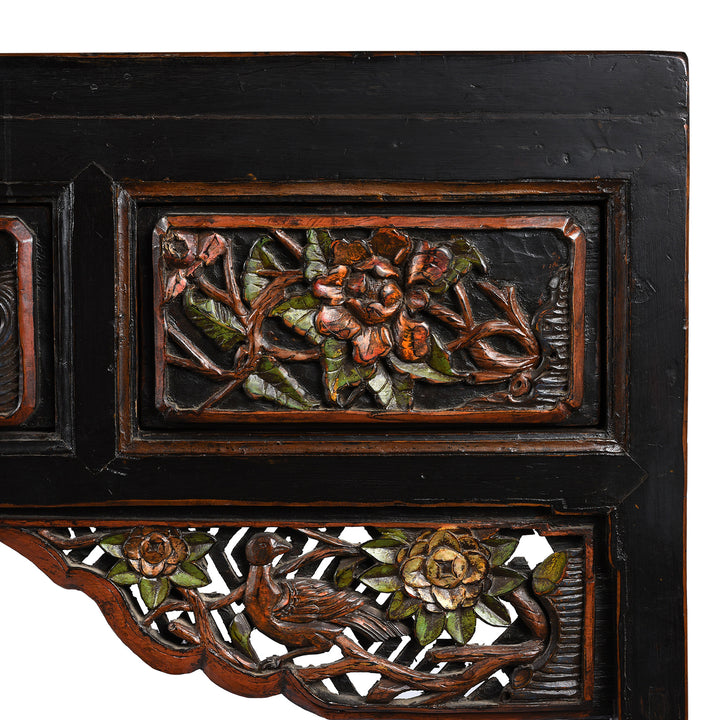 Corner Detail From Antique Carved Black Lacquer Elm Altar Table From Gansu -19th Century | Indigo Antiques