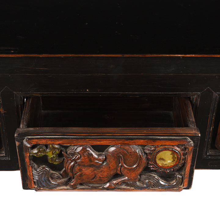 Drawer Detail From Antique Carved Black Lacquer Elm Altar Table From Gansu -19th Century | Indigo Antiques
