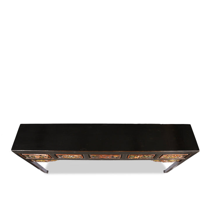 Top Down View Of Antique Carved Black Lacquer Elm Altar Table From Gansu -19th Century | Indigo Antiques