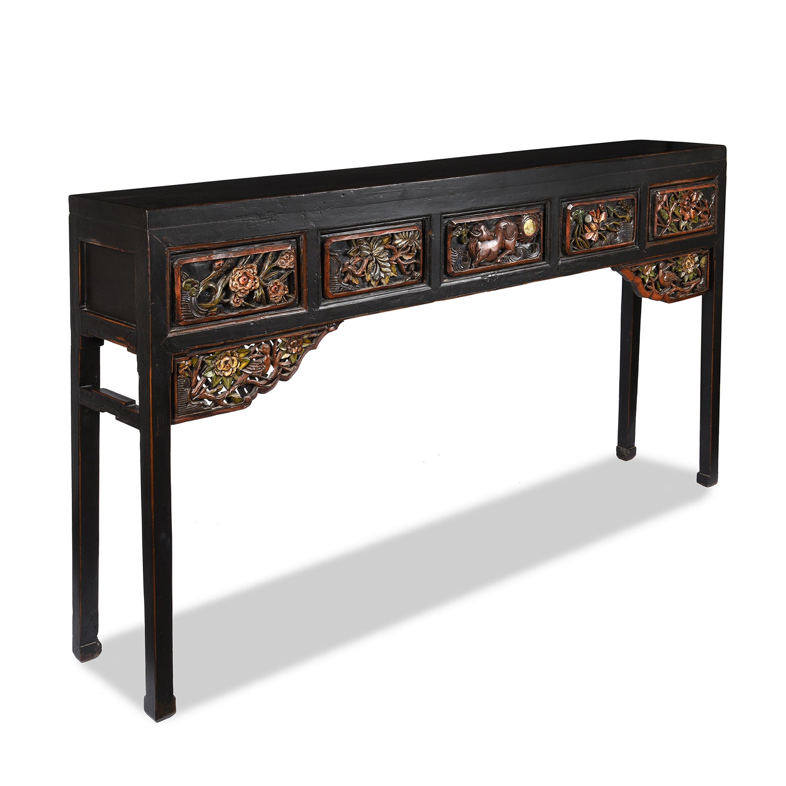 Angled View Of Antique Carved Black Lacquer Elm Altar Table From Gansu -19th Century | Indigo Antiques