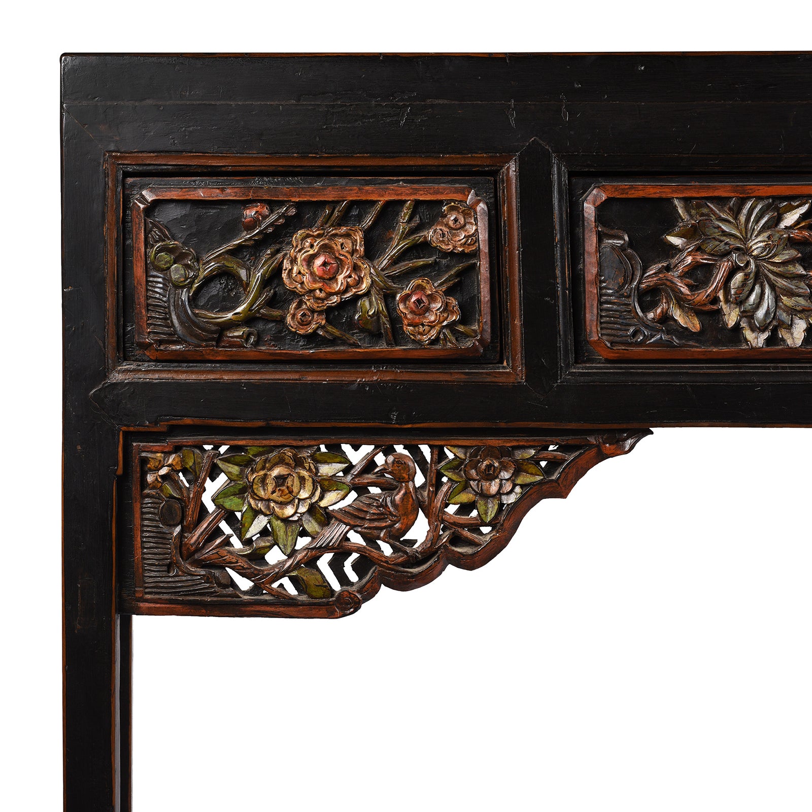 Corner Detail From Antique Carved Black Lacquer Elm Altar Table From Gansu -19th Century | Indigo Antiques