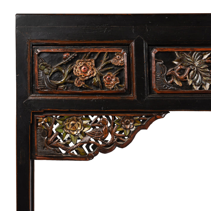 Corner Detail From Antique Carved Black Lacquer Elm Altar Table From Gansu -19th Century | Indigo Antiques