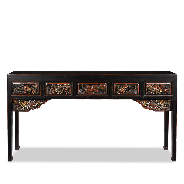 Carved Black Lacquer Elm Altar Table From Gansu -19th Century