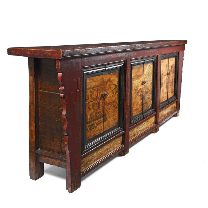Angled View Of Painted Long Sideboard From Qinghai Province - 19thC | Indigo Antiques
