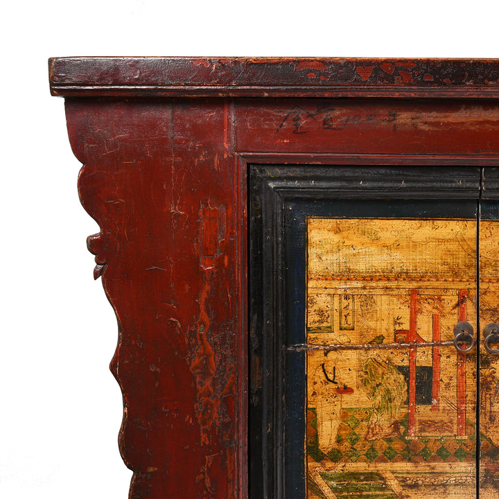 Corner Detail From Painted Long Sideboard From Qinghai Province - 19thC | Indigo Antiques