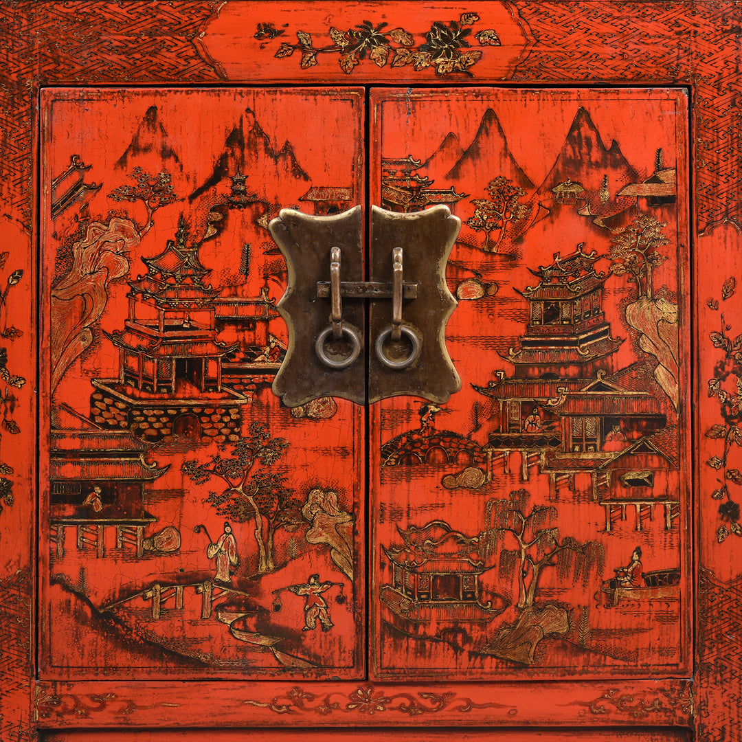 Pair of Chinese Reproduction Red Lacquer Bedside Cabinets  | Indigo Antiques