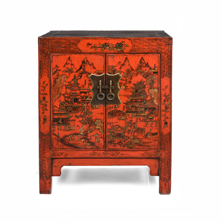Pair of Chinese Reproduction Red Lacquer Bedside Cabinets  | Indigo Antiques#
