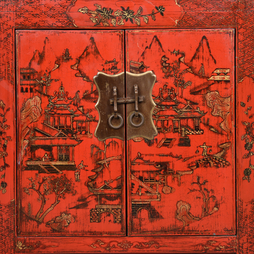 Pair of Chinese Reproduction Red Lacquer Bedside Cabinets  | Indigo Antiques