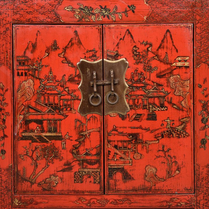 Pair of Chinese Reproduction Red Lacquer Bedside Cabinets  | Indigo Antiques