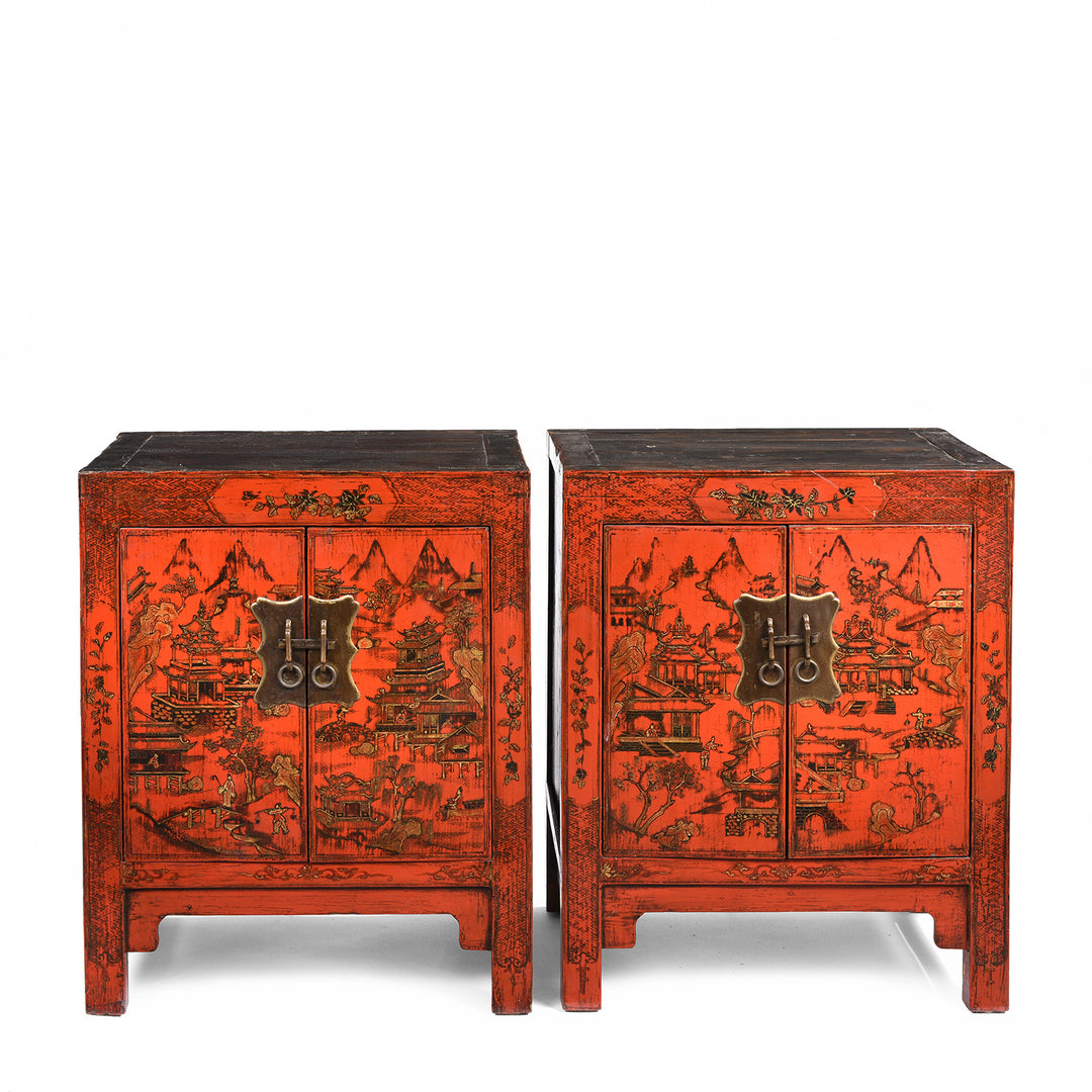 Pair of Chinese Reproduction Red Lacquer Bedside Cabinets  | Indigo Antiques